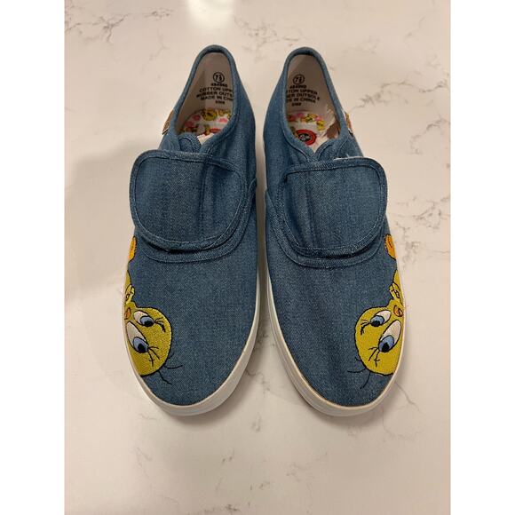 Vintage 90s Looney Tunes Tweety Bird Blue Velcro slip on flat shoes - Picture 1 of 15